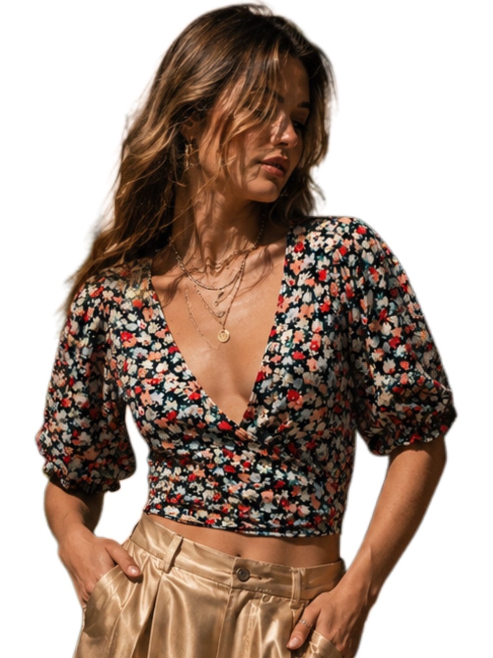 Urban Outfitters Floral Wrap Crop Top XS Puff Sleeve Cottagecore Boho Festival